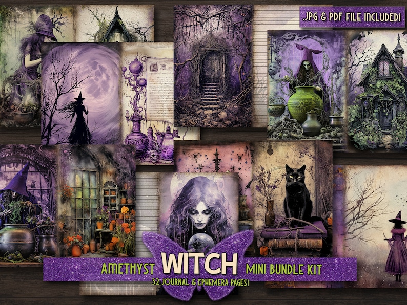 May include: A digital paper pack containing 32 pages of witchy themed images. The images feature a variety of witchy elements, including a witch, a cauldron, a black cat, a moon, and a forest. The images are in a dark and moody colour palette, with shades of purple, green, and black. The text "AMETHYST WITCH MINI BUNDLE KIT" and "32 JOURNAL & EPHEMERA PAGES!" is included in the image.