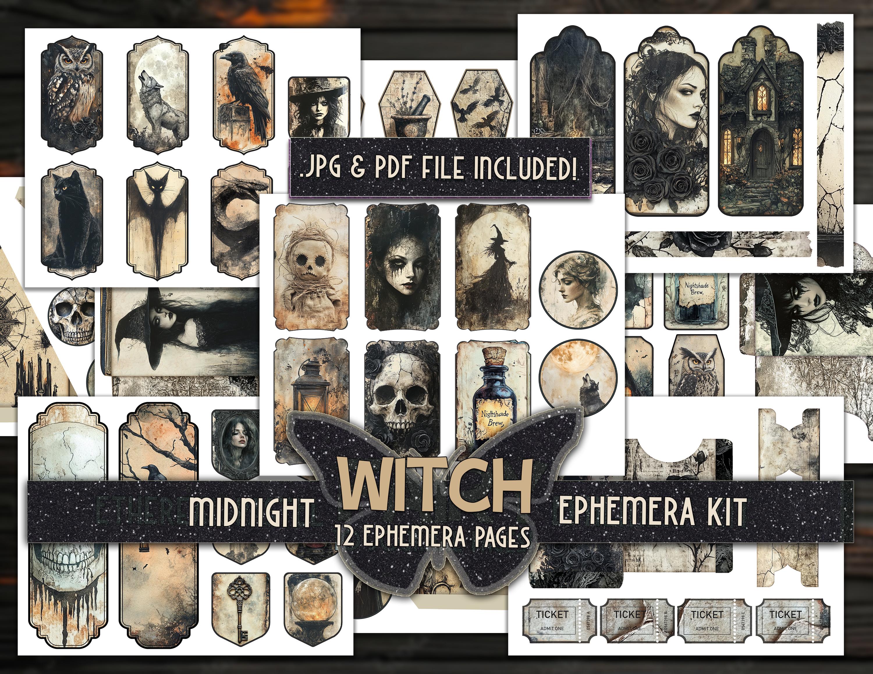 Dark witch ephemera printable Scary papers digital Midnight artful ephemera Magical witch papers Vintage junkjournal addon Printable envelop