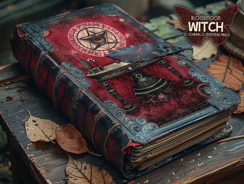 Witch bundle printable kit Gothic junkjournal bundle Dark witch ephemera Digital red paper Grimoire BOS pages Magical witch junk journal kit zdjęcie 1