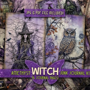 May include: A digital collage kit for junk journaling featuring a witch, owl, and other spooky imagery. The kit includes 16 pages in a purple, black, and white colour scheme. The text on the image reads "Amethyst Witch Junk Journal Kit 16 Journal Pages!"