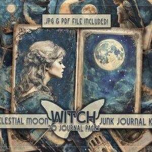 Op de afbeelding: Een digitale junk journal kit met 20 pagina's met afbeeldingen van de maan, een heks en andere mystieke beelden. De kit bevat .jpg- en .pdf-bestanden.