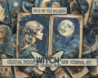 May include: A digital junk journal kit with 20 pages featuring celestial moon, witch, and other mystical imagery. The kit includes .jpg and .pdf files.