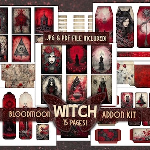 Witch bundle printable kit Gothic junkjournal bundle Dark witch ephemera Digital red paper Grimoire BOS pages Magical witch junk journal kit zdjęcie 10