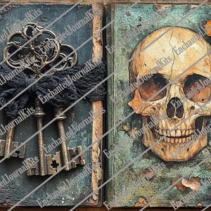 May include: Two vintage book covers with a spooky theme. The left cover features three antique keys tied together with black lace ribbon. The right cover features a painted skull with a fall leaf.