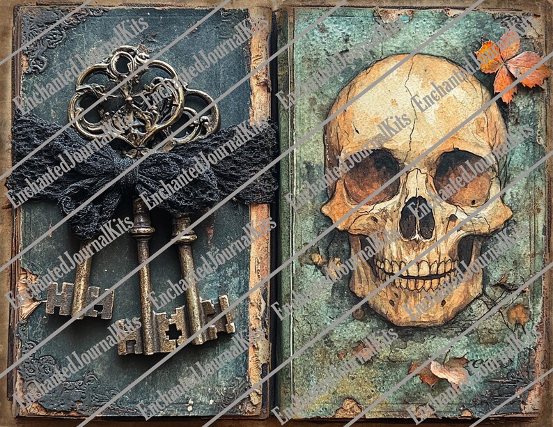 May include: Two vintage book covers with a spooky theme. The left cover features three antique keys tied together with black lace ribbon. The right cover features a painted skull with a fall leaf.