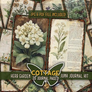 Pode incluir: Um kit de junk journal digital com 20 p&aacute;ginas contendo ilustra&ccedil;&otilde;es bot&acirc;nicas de flores brancas, ervas e cenas de casas de campo em papel envelhecido. Inclui os textos sobrepostos JPG & PDF FILE INCLUDED e COTTAGE HERB GARDEN.