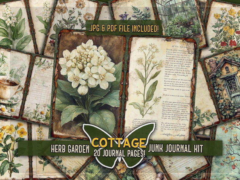 Pode incluir: Um kit de junk journal digital com 20 p&aacute;ginas contendo ilustra&ccedil;&otilde;es bot&acirc;nicas de flores brancas, ervas e cenas de casas de campo em papel envelhecido. Inclui os textos sobrepostos JPG & PDF FILE INCLUDED e COTTAGE HERB GARDEN.