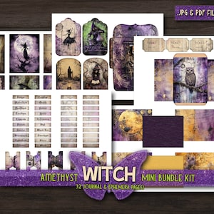 May include: A digital printable kit for journaling and ephemera with a witch theme. The kit includes 32 pages with images of owls, moons, and other witchy elements. The kit is in purple and gold tones with a glittery amethyst background.