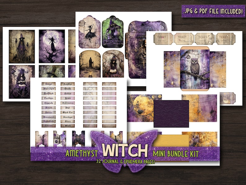 May include: A digital printable kit for journaling and ephemera with a witch theme. The kit includes 32 pages with images of owls, moons, and other witchy elements. The kit is in purple and gold tones with a glittery amethyst background.