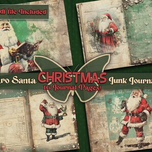 May include: A digital junk journal kit with 16 pages featuring vintage illustrations of Santa Claus. The kit includes a variety of images, including Santa reading a book, Santa holding a bag of gifts, and Santa standing with a cup of coffee. The kit is perfect for creating unique and personalized journals, scrapbooks, and other paper crafts.