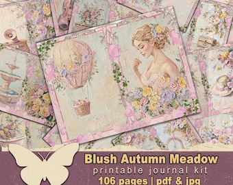 Shabby chic autumn papers Pastel pink fall printable Vintage rose illustration Romantic autumn meadow spread Romantic bride to be gift paper