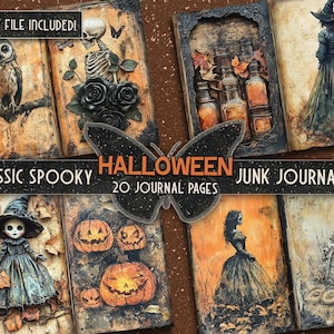 May include: A set of 20 printable journal pages with a Halloween theme. The pages feature images of owls, skeletons, witches, pumpkins, and potion bottles. The pages are designed to be used for junk journaling.