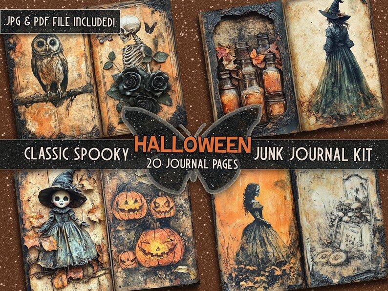 May include: A set of 20 printable journal pages with a Halloween theme. The pages feature images of owls, skeletons, witches, pumpkins, and potion bottles. The pages are designed to be used for junk journaling.
