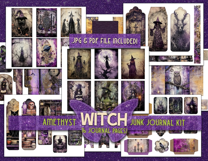 Magical witch bundle printable Purple junkjournal papers Ephemera journal witch gift Dark pages printful Bundle journal Witchcraft paper kit image 10