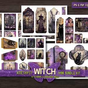 May include: A digital paper pack containing 32 pages of witch-themed ephemera and journal pages. The images feature a purple and black colour scheme with illustrations of witches, cats, owls, and other magical elements.
