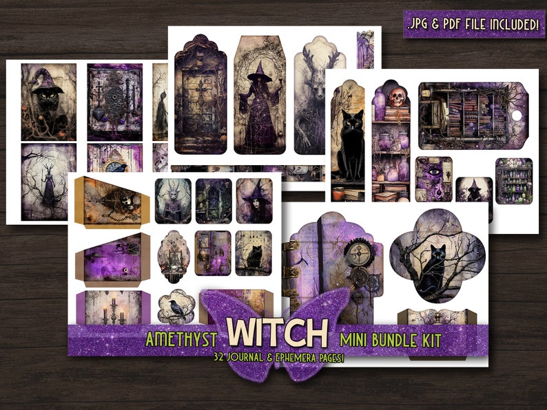 May include: A digital paper pack containing 32 pages of witch-themed ephemera and journal pages. The images feature a purple and black colour scheme with illustrations of witches, cats, owls, and other magical elements.