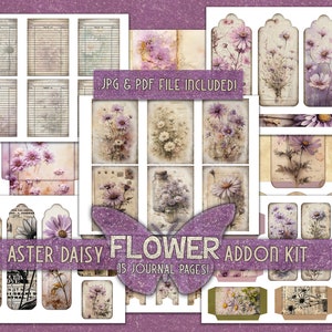 Vintage Blumen Ephemera Junkjournal Kit Druckbare Papiere Blumen Tags Taschen Gänseblümchen Addon Kit Vintage digital heruntergeladenes Ephemera Papier Kit