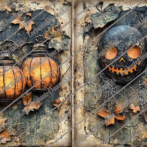 May include: A vintage-style Halloween scrapbook page with a black skull jack-o'-lantern, two glowing lanterns, and autumn leaves on a textured background.