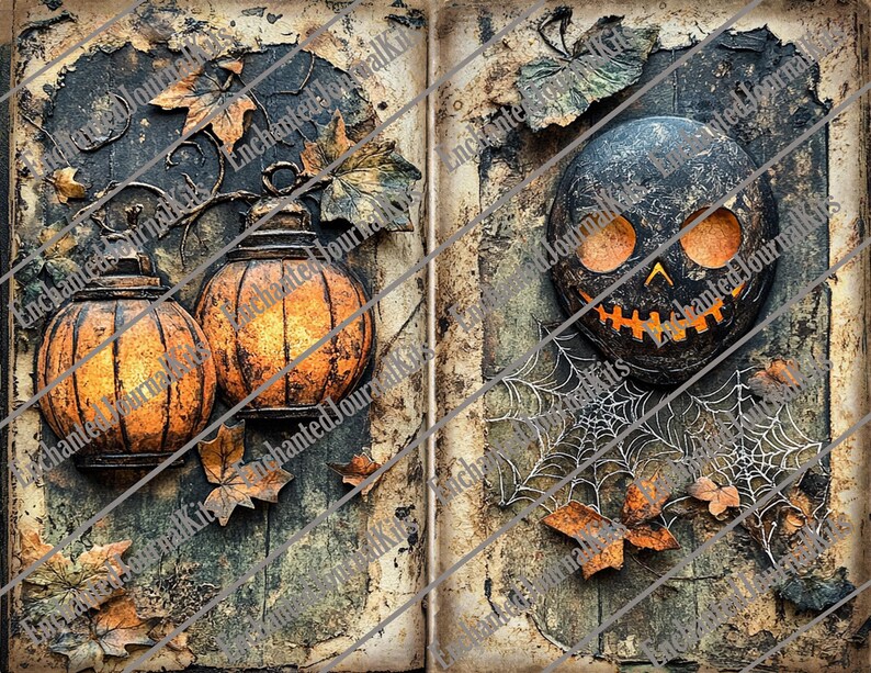 May include: A vintage-style Halloween scrapbook page with a black skull jack-o'-lantern, two glowing lanterns, and autumn leaves on a textured background.