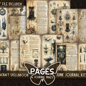 May include: A collection of 16 vintage-style journal pages with illustrations of candles, skulls, and other occult symbols. The pages are designed for a witchcraft spellbook and junk journal kit. The image includes the text "WITCHCRAFT SPELLBBOOK" and "PAGES".