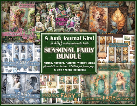 Magical fairy printable bundle Fantasy forest junkjournal Seasonal fairy ephemera papers Spring Summer Autumn Winter Bundle junkjournal kit