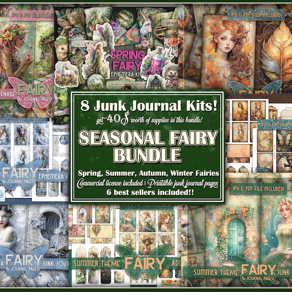 Magical fairy printable bundle Fantasy forest junkjournal Seasonal fairy ephemera papers Spring Summer Autumn Winter Bundle junkjournal kit