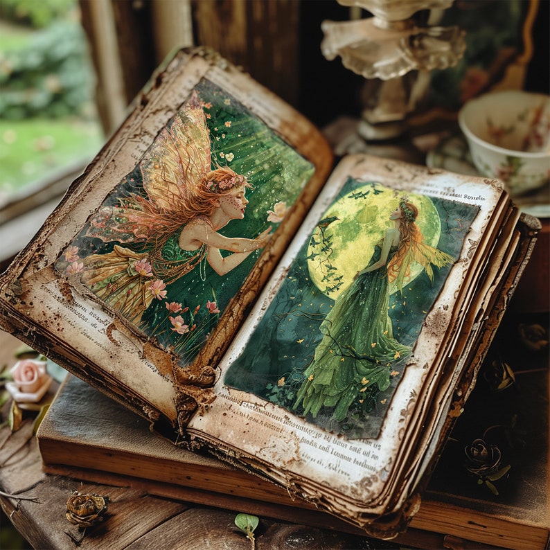May include: An open antique book with two pages featuring illustrations of fairies. The left page shows a fairy with golden wings and a green dress, while the right page shows a fairy with green wings and a long green dress. The book has a worn, aged appearance.
