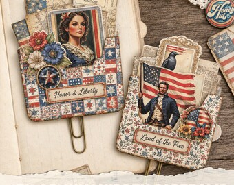 Independence day hidden paperclip Printable junkjournal folio USA forth of july gift Digital patriotic memory book folio Vintage decorative