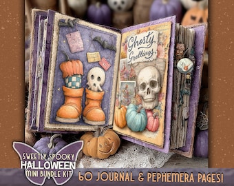 May include: A Sweetly Spooky Halloween Mini Bundle Kit journal with 60 pages. The open journal features illustrations of pumpkins, a skull, and orange boots. The cover has a butterfly design and the text "Ghosty Greetings".