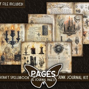 May include: A collection of vintage-style journal pages with illustrations of candles, skulls, and botanical elements. The pages are arranged to create a junk journal kit. Text includes "WITCHCRAFT SPELLBBOOK" and "PAGES 16 JOURNAL PAGES! JUNK JOURNAL KIT".