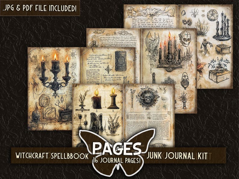 May include: A collection of vintage-style journal pages with illustrations of candles, skulls, and botanical elements. The pages are arranged to create a junk journal kit. Text includes "WITCHCRAFT SPELLBBOOK" and "PAGES 16 JOURNAL PAGES! JUNK JOURNAL KIT".