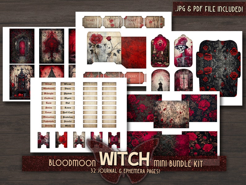Witch bundle printable kit Gothic junkjournal bundle Dark witch ephemera Digital red paper Grimoire BOS pages Magical witch junk journal kit zdjęcie 8