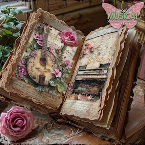 Paquete de papeles musicales vintage para imprimir Paquete de papel efímero con recuerdos románticos Bolsillos rústicos con cortes quisquillosos Kit de impresión de diario digital