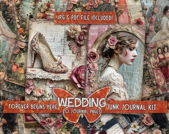 Wedding junk journal digital Bride papers printable Book junkjournal Shabby romantic papers Floral vintage wedding printful Bridal journals