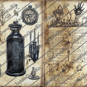 May include: A vintage-style open book with illustrations and handwritten text. The left page features a dark bottle, a compass, and other decorative elements. The right page has a detailed drawing of a scene with figures and candles. The text "Enchanted Journal Kits" is visible.
