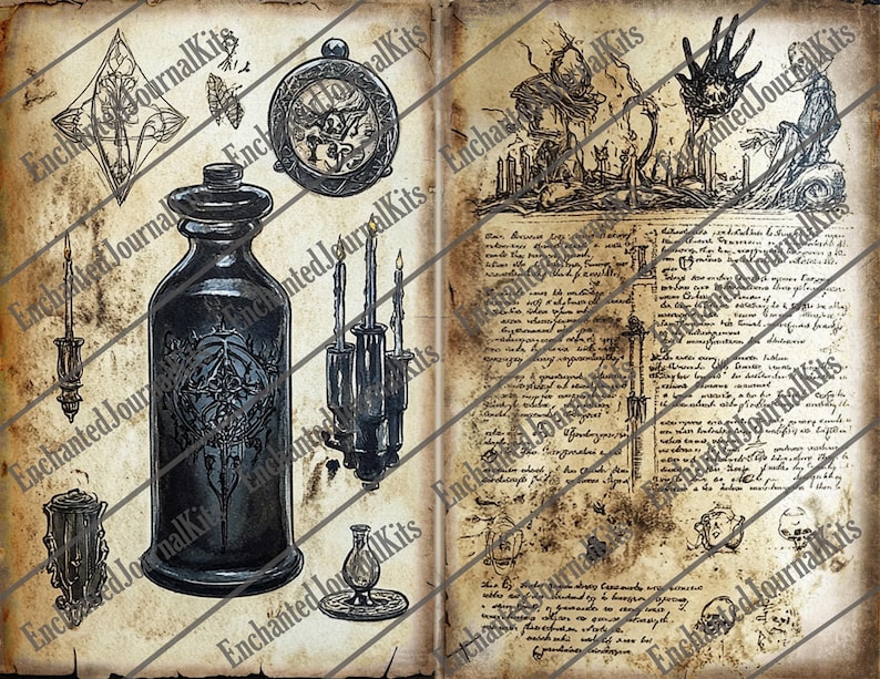 May include: A vintage-style open book with illustrations and handwritten text. The left page features a dark bottle, a compass, and other decorative elements. The right page has a detailed drawing of a scene with figures and candles. The text "Enchanted Journal Kits" is visible.