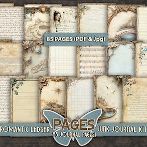 May include: A collection of 85 vintage-style journal pages. The pages feature antique maps, musical scores, handwritten notes, and floral accents. The text on the image reads "Romantic Ledger Pages Junk Journal Kit".