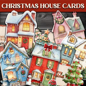 Julkort akvarellhus Utskrivbar presentjournal Loaded pocketkort utskrivbara julpysselkit DIY-husetiketter folio
