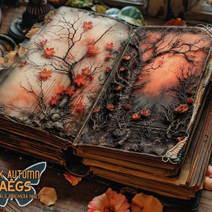 May include: An antique-style journal with a dark autumn theme. The cover features a detailed illustration of a tree with bare branches and autumn leaves, and the text "DARK AUTUMN PAEGS 26 JOURNAL & EPHEMERA PAGES".