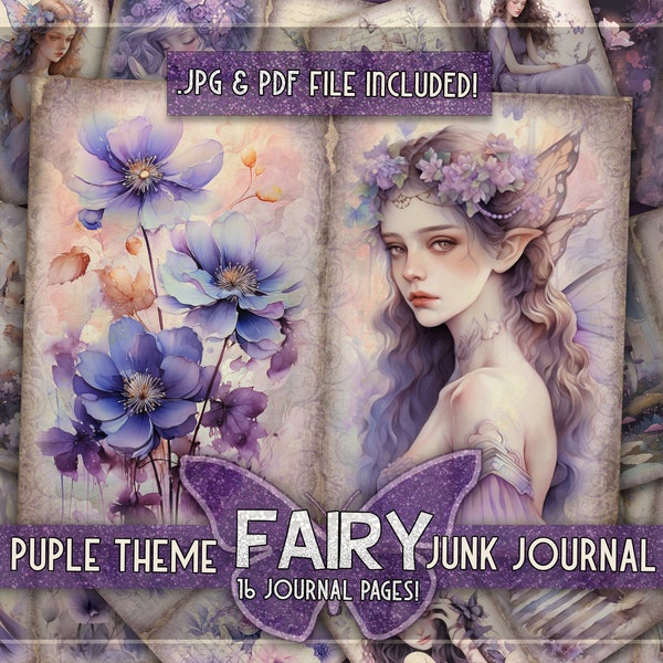 Magical fairy junk journal kit printable Purple fairytale junkjournal kit Lavender digital whimsical junkjournal kit Fantasy fairytale lilac