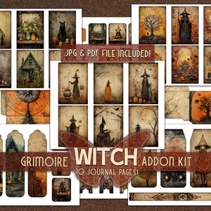 Grimoire witch kit de efímera imprimible Complemento digital descargado Gifted Tags bolsillos envuelve Junkjournal witchie ephemera papers BOS grimoire