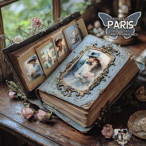 Papel imprimible romántico en azul Paquete de diario basura Páginas de amor de París Diario digital azul Efímeras victorianas de té y café Imprimibles en azul desgastado