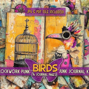 Vintage bunte Vögel druckbar Steampunk Junk Journal Karten Digtal Papier Puppen Lebendige Vogel Papiere druckbar Orange rosa rustikalen Junkjournal