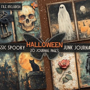 May include: A Halloween junk journal kit with 20 pages featuring spooky images, including a skull, a ghost, a haunted house, a black cat, a red rose, and a man on horseback. The kit includes the text "Classic Spooky Halloween Junk Journal Kit 20 Journal Pages".