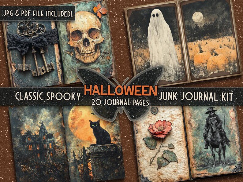 May include: A Halloween junk journal kit with 20 pages featuring spooky images, including a skull, a ghost, a haunted house, a black cat, a red rose, and a man on horseback. The kit includes the text "Classic Spooky Halloween Junk Journal Kit 20 Journal Pages".
