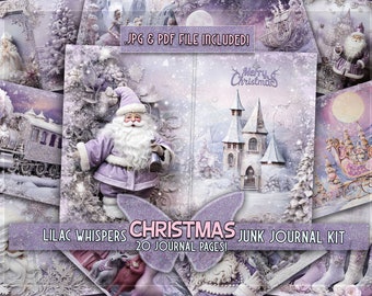 Kerst junkjournal papier afdrukbare Lila papieren mixedmedia Santa digitaal gedownload Winter kerstpagina's kabouters geschenkvolle junkjournal kit