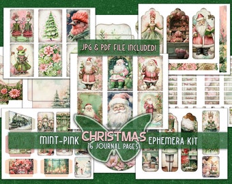 Groene kerst printful papieren Ephemera digitals addon Tags zakken envelop kit Kerst mint roze papieren Junkjournal bos Kerstman