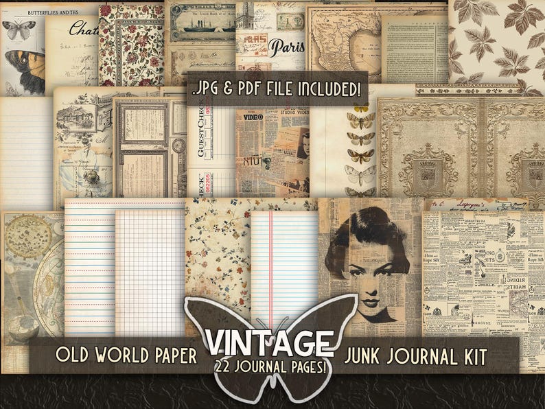 May include: Vintage junk journal kit with 22 pages. The kit includes a variety of papers with different patterns and textures, including floral, lined, and grid paper. The kit also includes a page with a vintage newspaper article and a page with a woman's face.