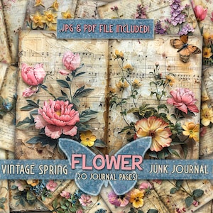 Vintage lentebloem afdrukbare Junkjournal papieren lila Lente tulp bloemenpapier Rustieke digitale afdrukbare Muzikale bloemen junk journal kit