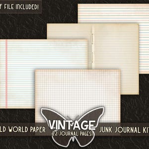 May include: Vintage junk journal kit with 22 pages. The pages are made of old world paper with different patterns, including lined, grid, and plain. The kit includes a butterfly graphic with the text "Vintage Junk Journal Kit 22 Journal Pages!"